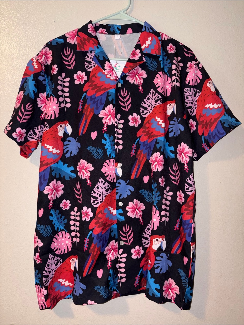 Casual Parrot Print Button-Down Shirt - Black with Pink & Red
